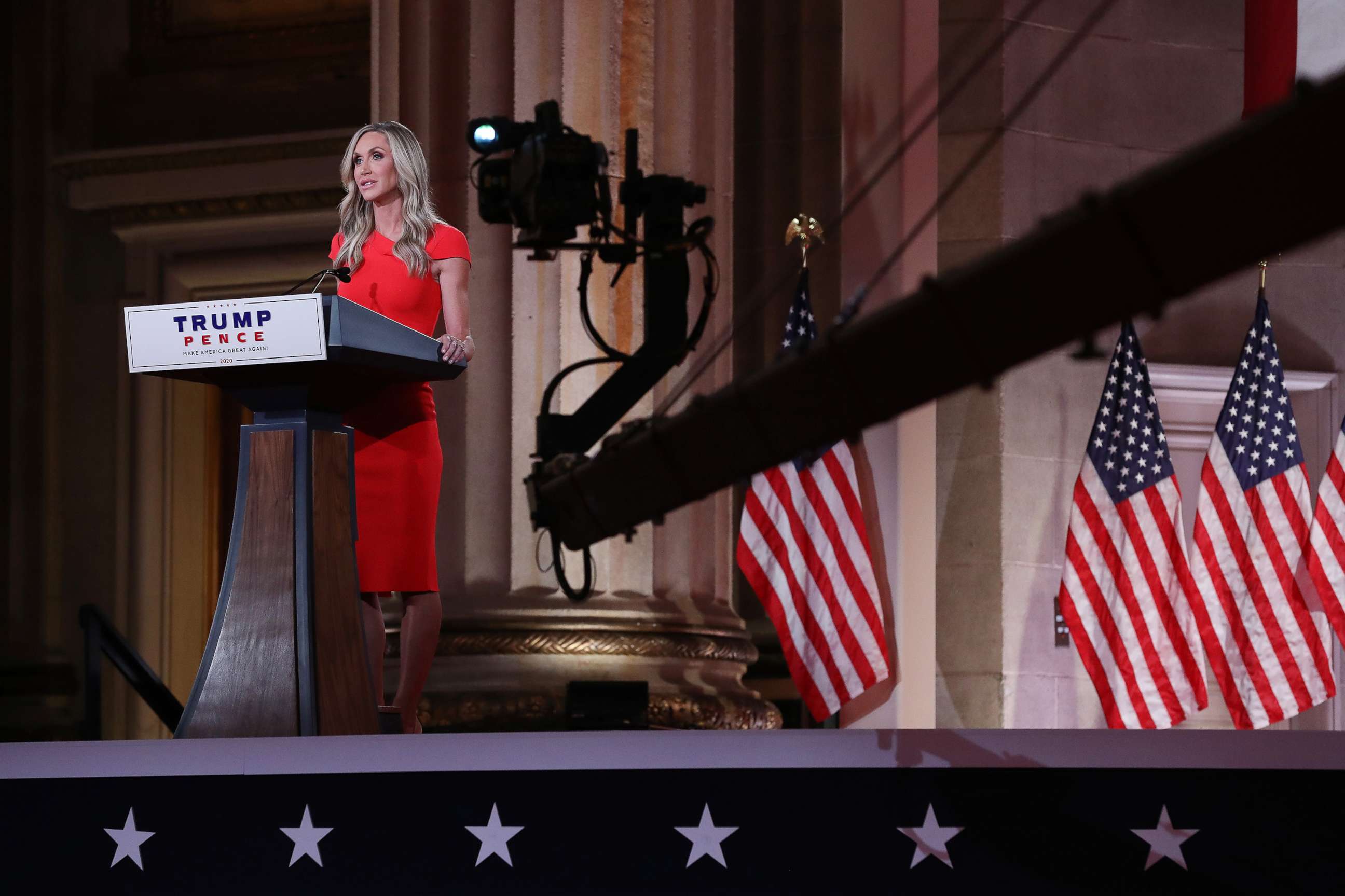 PHOTO: Lara Trump, daughter-in-law and campaign advisor for President Donald Trump, pre-records her address to the Republican National Convention from inside an empty Mellon Auditorium on Aug. 26, 2020, in Washington.