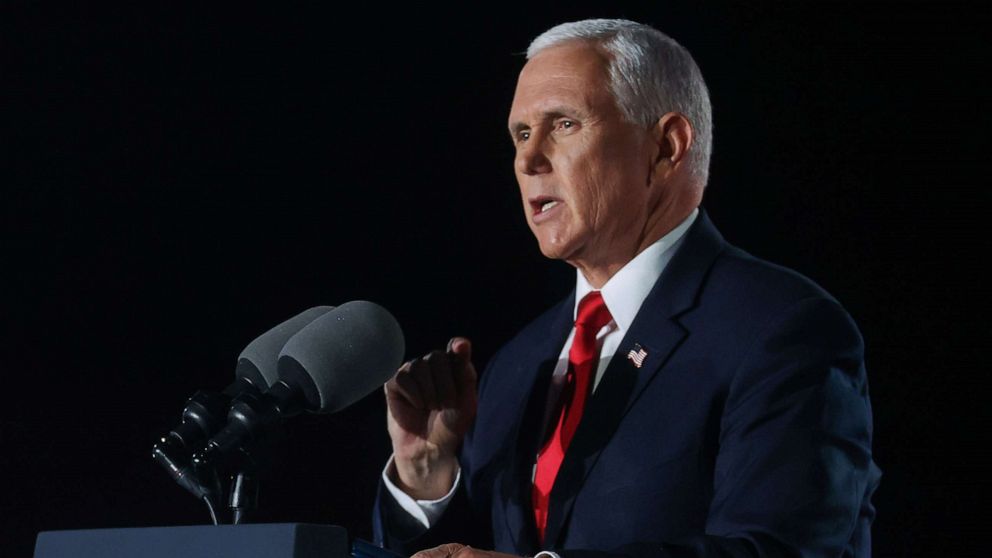 PHOTO: Vice President Mike Pence delivers his acceptance speech during an event of the 2020 Republican National Convention held at Fort McHenry in Baltimore, Aug. 26, 2020.
