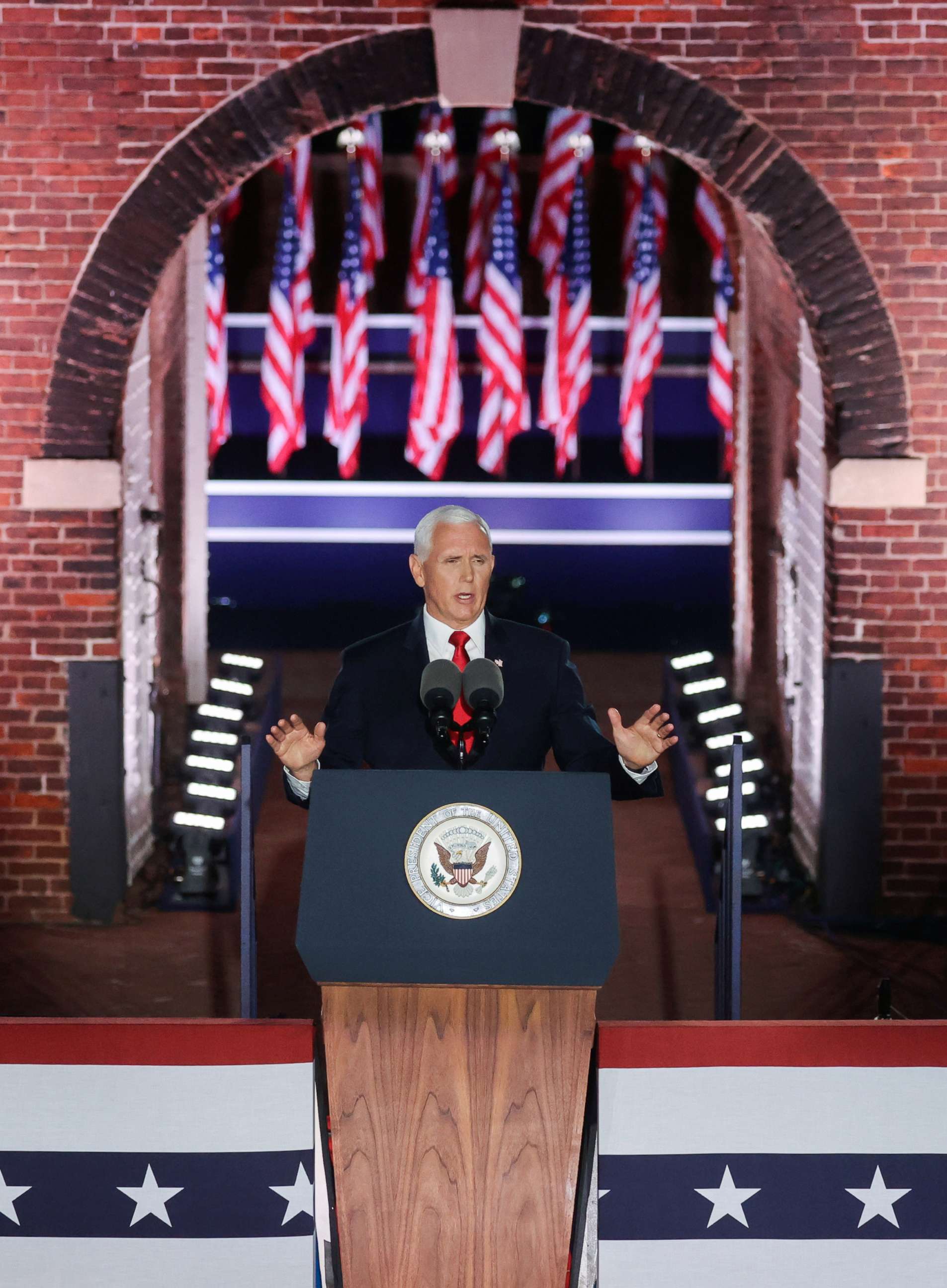 PHOTO: Vice President Mike Pence delivers his acceptance speech during an event of the 2020 Republican National Convention held at Fort McHenry in Baltimore, Aug. 26, 2020.