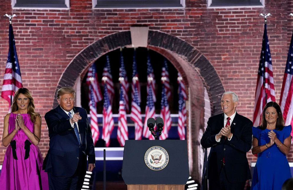 PHOTO: President Donald Trump and first lady Melania Trump stand with Mike Pence and his wife Karen Pence during the Republican National Convention at Fort McHenry National Monument on Aug. 26, 2020, in Baltimore.
