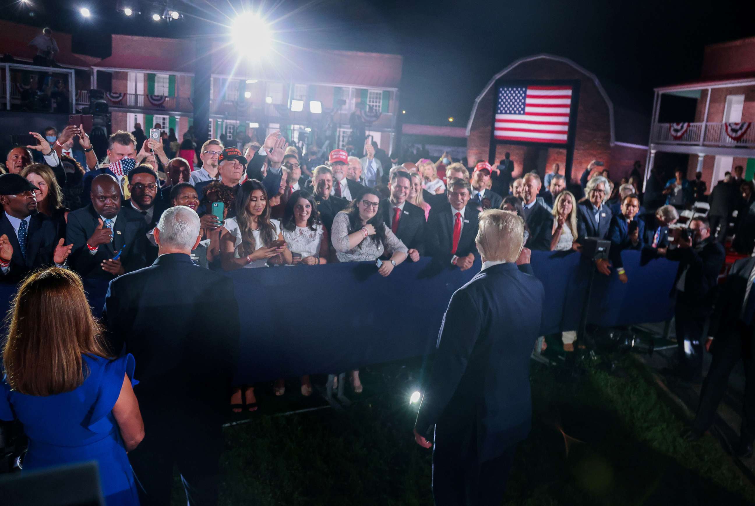 PHOTO: President Donald Trump and Vice President Mike Pence greet the crowd after Pence's acceptance speech during an event of the 2020 Republican National Convention held at Fort McHenry in Baltimore, Aug. 26, 2020.