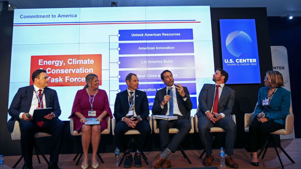 PHOTO: Rich Powell, co-chair of the Conservative Climate Foundation, left, moderates a panel discussion with House Republicans in the U.S. Pavilion at the COP27 U.N. Climate Summit, in Sharm el-Sheikh, Egypt, on Nov. 11, 2022.