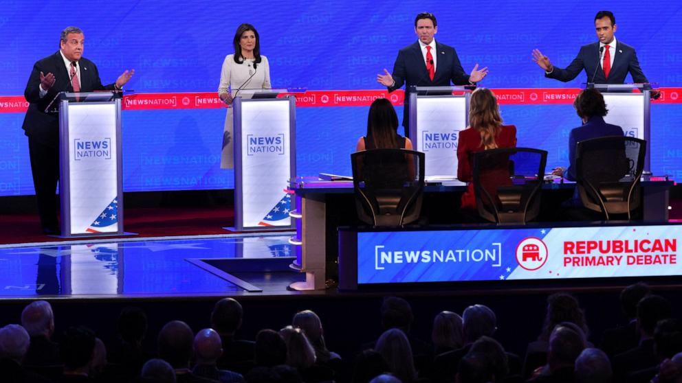 PHOTO: Chris Christie, Nikki Haley, Ron DeSantis and Vivek Ramaswamy participate during the fourth Republican candidates' debate of the 2024 U.S. presidential campaign hosted by NewsNation at the University of Alabama in Tuscaloosa, Ala., Dec. 6, 2023. 