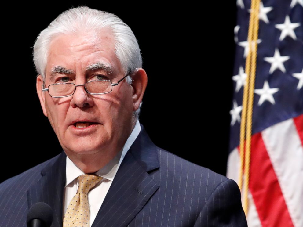 PHOTO: Rex Tillerson speaks about the relationship between the U.S. and countries in Africa, at George Mason University in Fairfax, Va.