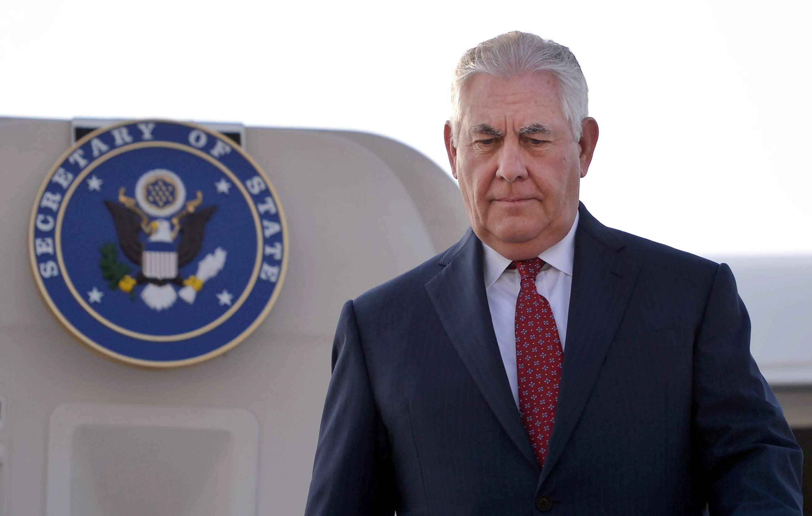 PHOTO: Secretary of State Rex Tillerson comes down from his plane upon his arrival at Pakistan's Nur Khan military airbase in Islamabad,  Oct. 24, 2017.