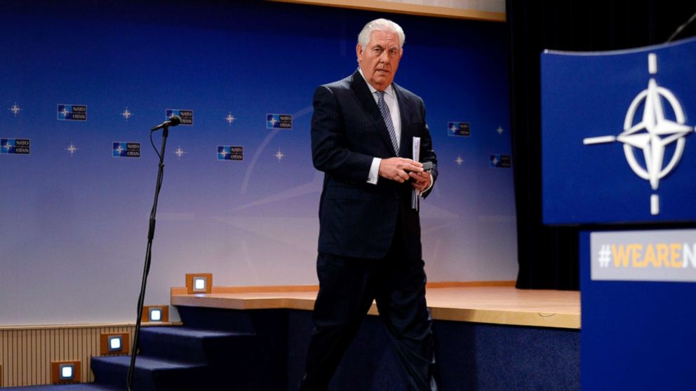 Secretary of State Rex Tillerson arrives to hold a press conference at the end of a NATO Foreign Affairs Ministers' meeting in Brussels, Dec. 6, 2017.