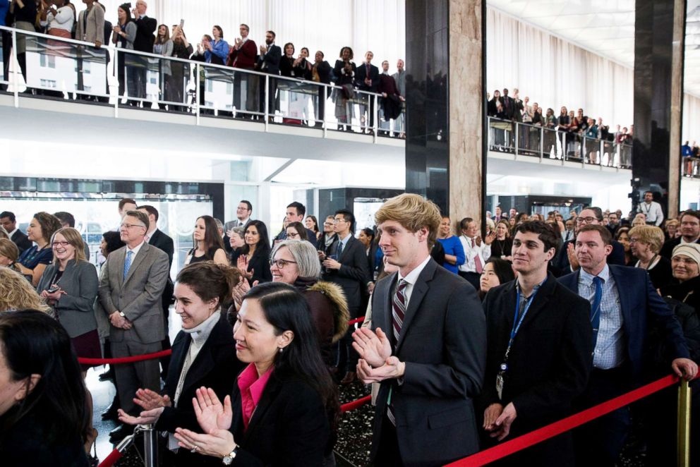 PHOTO: State Department employees listen to outgoing U.S. Secretary of State Rex Tillerson deliver a farewell speech, at the State Department in Washington, D.C., on March 22, 2018.