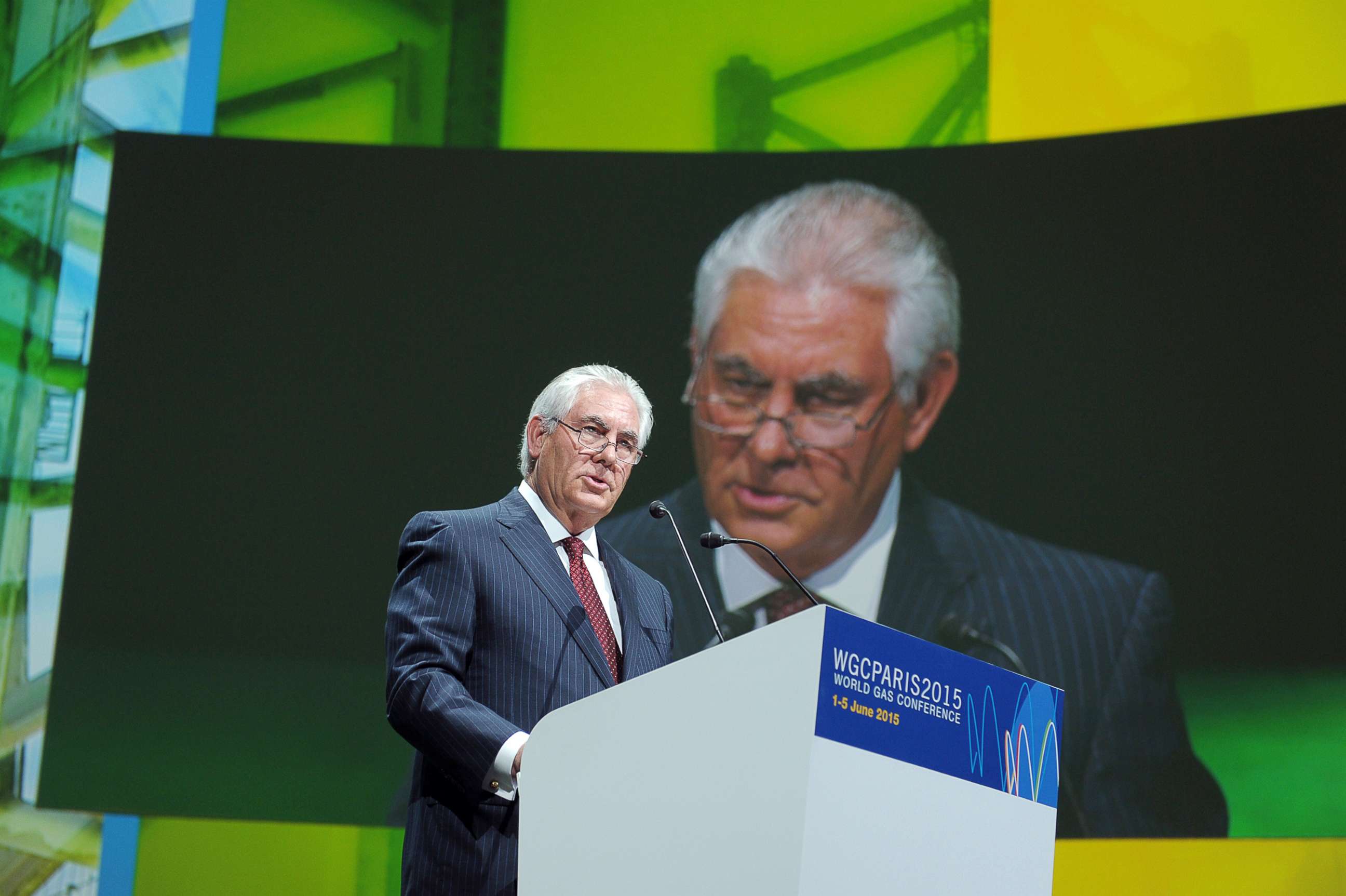 PHOTO: Exxon Mobil Chairman and CEO Rex Tillerson addresses a keynote speech during the World Gas Conference in Paris on June 2, 2015.