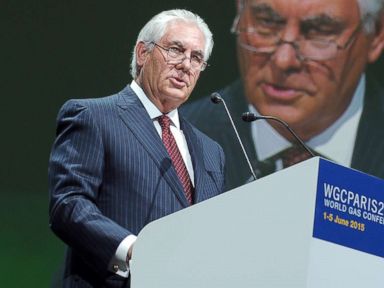 PHOTO: Exxon Mobil Chairman and CEO Rex Tillerson addresses a keynote speech during the World Gas Conference in Paris on June 2, 2015.
