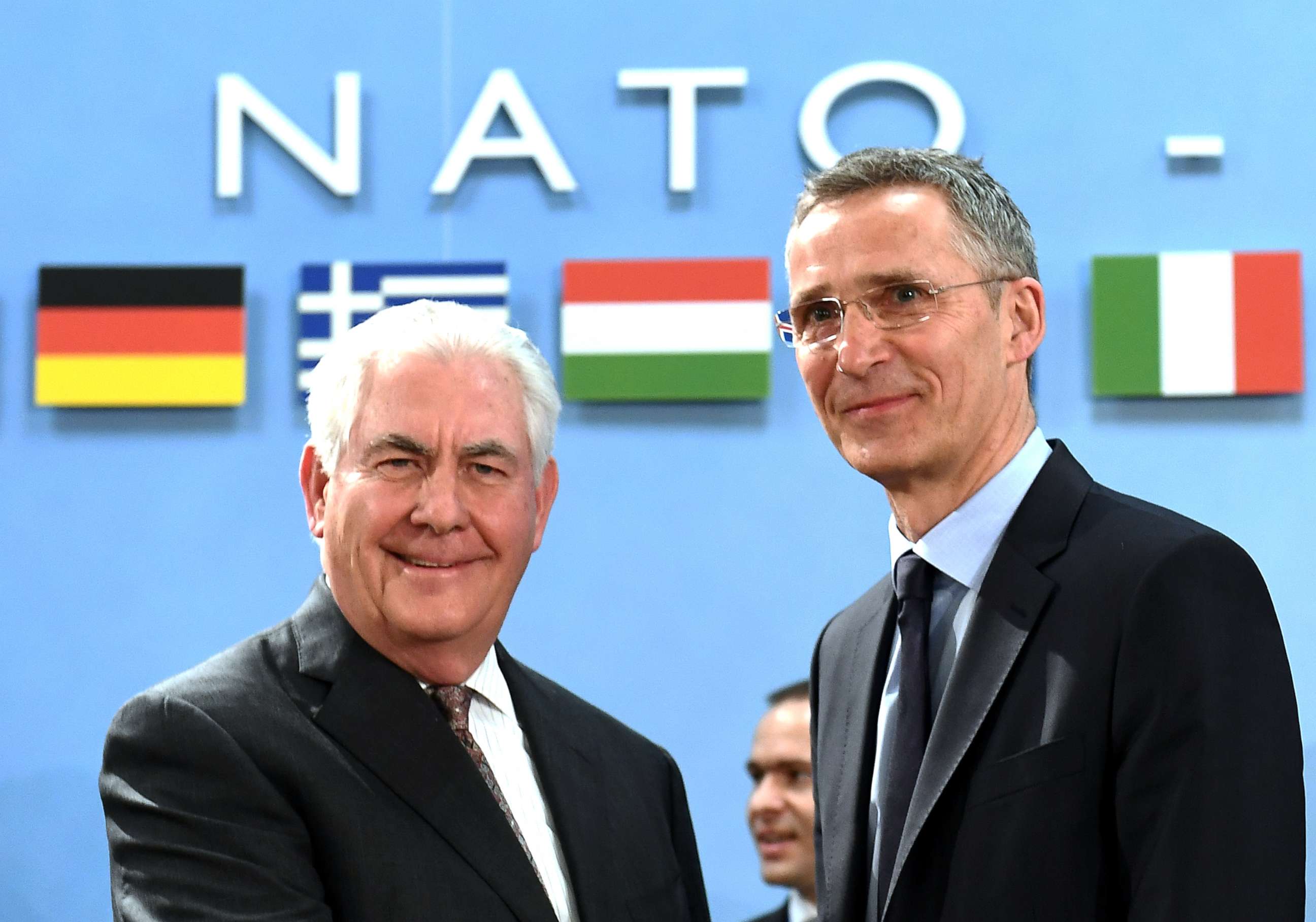 PHOTO: NATO Secretary General Jens Stoltenberg (R) greets U.S. Secretary of State Rex Tillerson upon his arrival for a North Atlantic Council (NAC) meeting at the level of Foreign Ministers, at NATO headquarters in Brussels on March 31, 2017. 