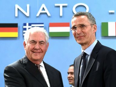 PHOTO: NATO Secretary General Jens Stoltenberg (R) greets U.S. Secretary of State Rex Tillerson upon his arrival for a North Atlantic Council (NAC) meeting at the level of Foreign Ministers, at NATO headquarters in Brussels on March 31, 2017.
