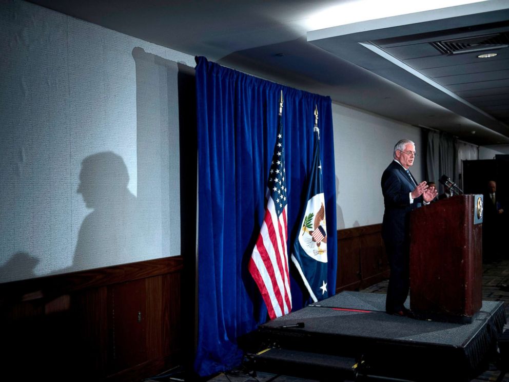 PHOTO: U.S. Secretary of State Rex Tillerson speaks to the press at the Hilton Midtown about an earlier P5+1 meeting on the Iran Nuclear deal at the United Nations headquarters, Sept. 20, 2017, in New York City.