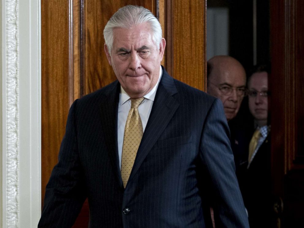 PHOTO: Secretary of State Rex Tillerson arrives to a news conference with President Donald Trump and Swedish Prime Minister Stefan Lofven in the East Room of the White House, March 6, 2018 in Washington.