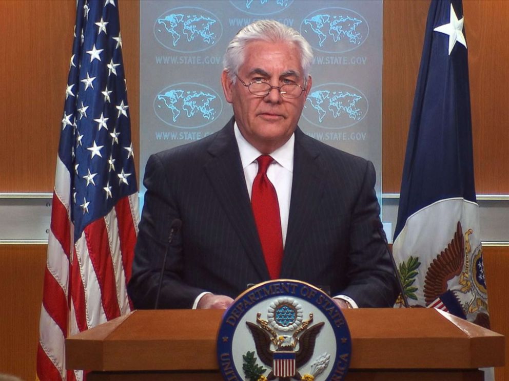 PHOTO: Secretary of State Rex Tillerson speaks from the State Department in Washington, March 13, 2018.