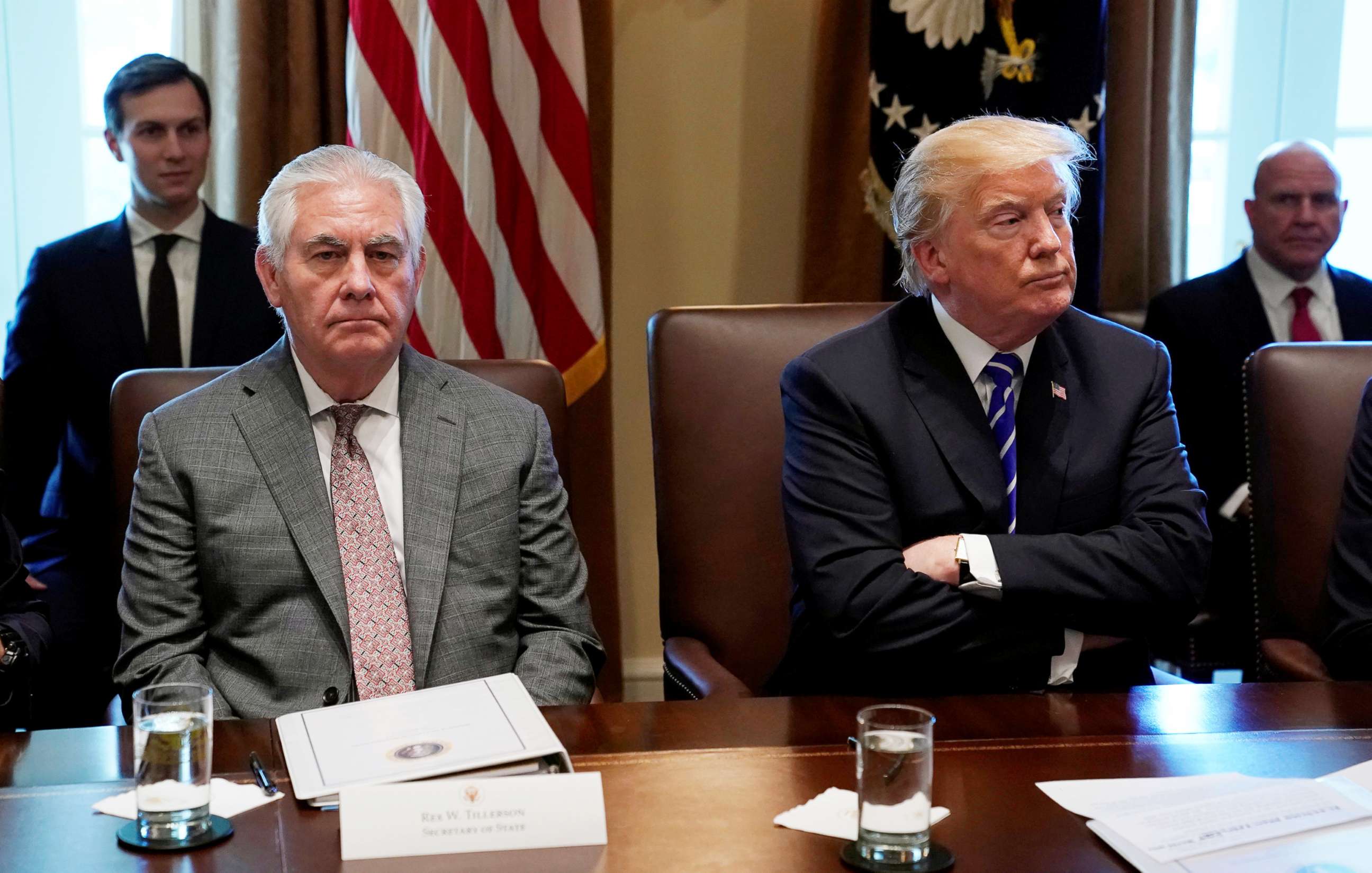 PHOTO: President Donald Trump and Secretary of State Rex Tillerson look up during a Cabinet meeting at the White House, Nov. 20, 2017. 