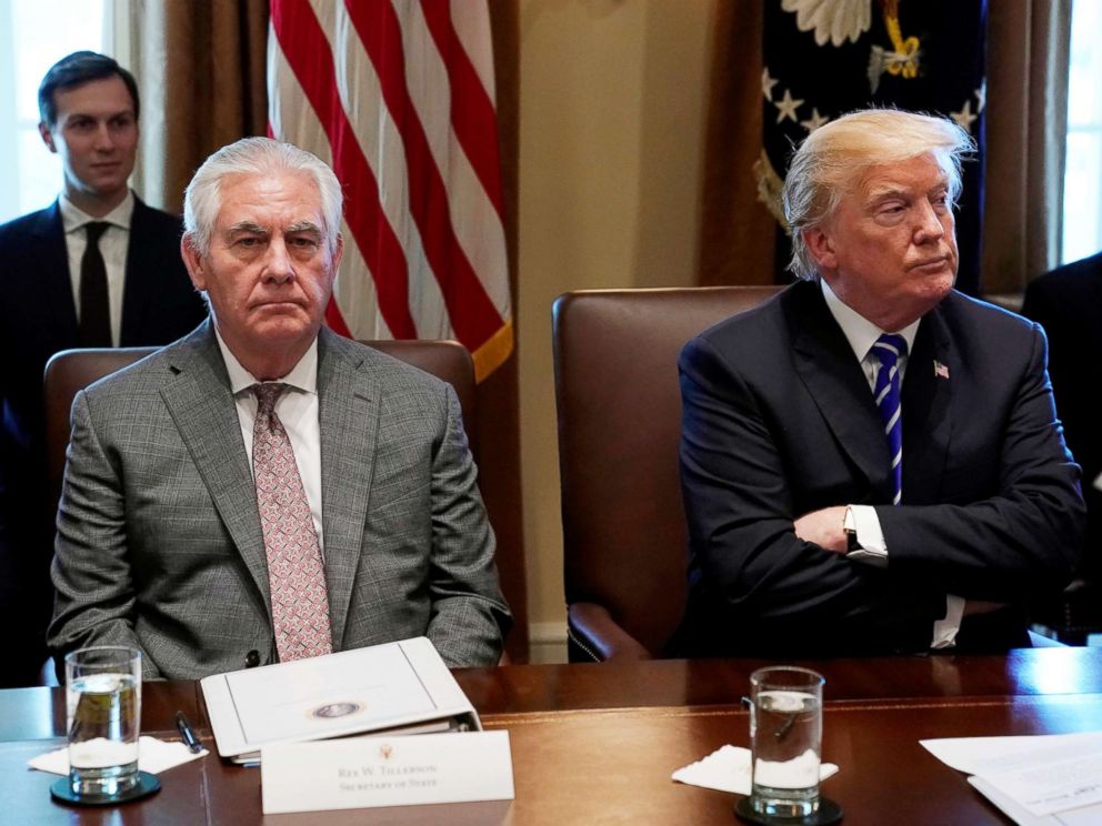 PHOTO: President Donald Trump and Secretary of State Rex Tillerson look up during a Cabinet meeting at the White House, Nov. 20, 2017.