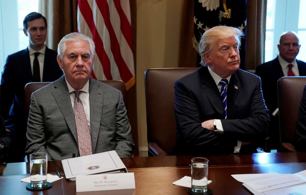 PHOTO: In this file photo, President Donald Trump and Secretary of State Rex Tillerson look up during a Cabinet meeting at the White House on November 20, 2017.
