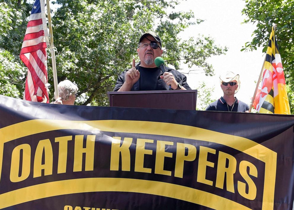 PHOTO: Stewart Rhodes, founder of the Oath Keepers, speaks during a rally outside the White House in Washington, DC June 25, 2017.