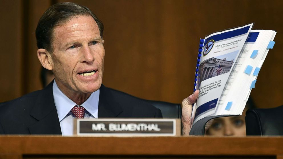 PHOTO: Senator Richard Blumenthal speaks during a Senate Judiciary Committee hearing on the inspector general report on the DOJ and FBI actions ahead of the 2016 Presidential elections on Capitol Hill in Washington, D.C., June 18, 2018.