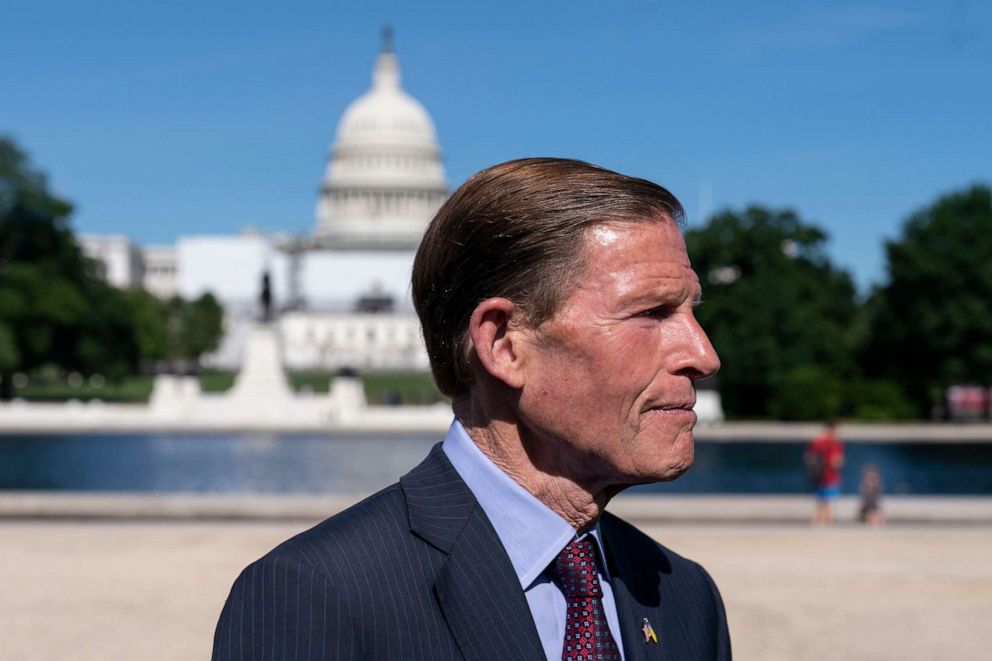 PHOTO: Sen. Richard Blumenthal speaks with reporters during a Students Demand Action event, near the West Front of the U.S. Capitol, June 6, 2022, in Washington.