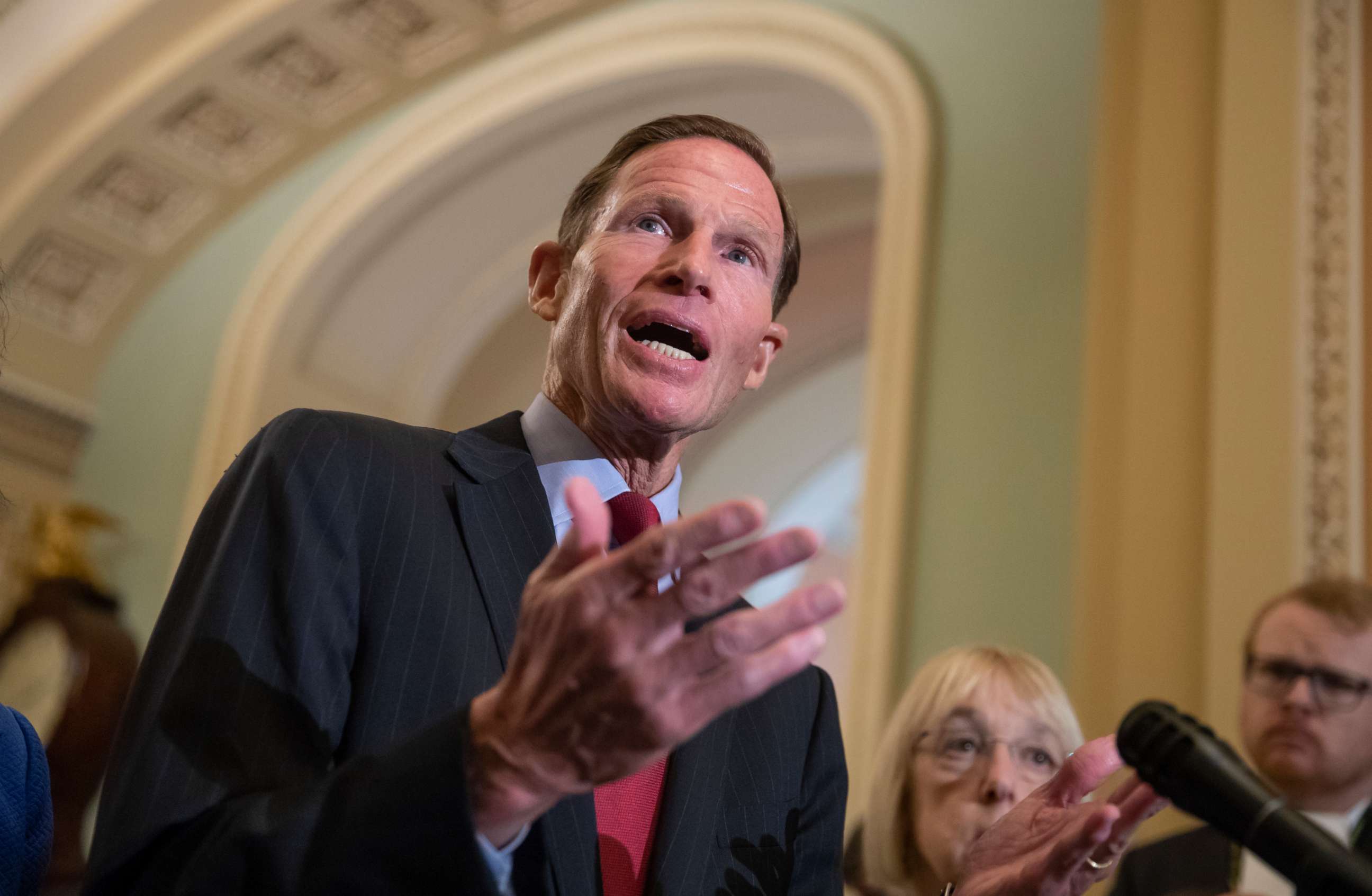 PHOTO: Sen. Richard Blumenthal speaks with reporters about Supreme Court nominee Brett Kavanaugh following a Democratic weekly policy meeting, at the Capitol in Washington, Sept. 18, 2018.