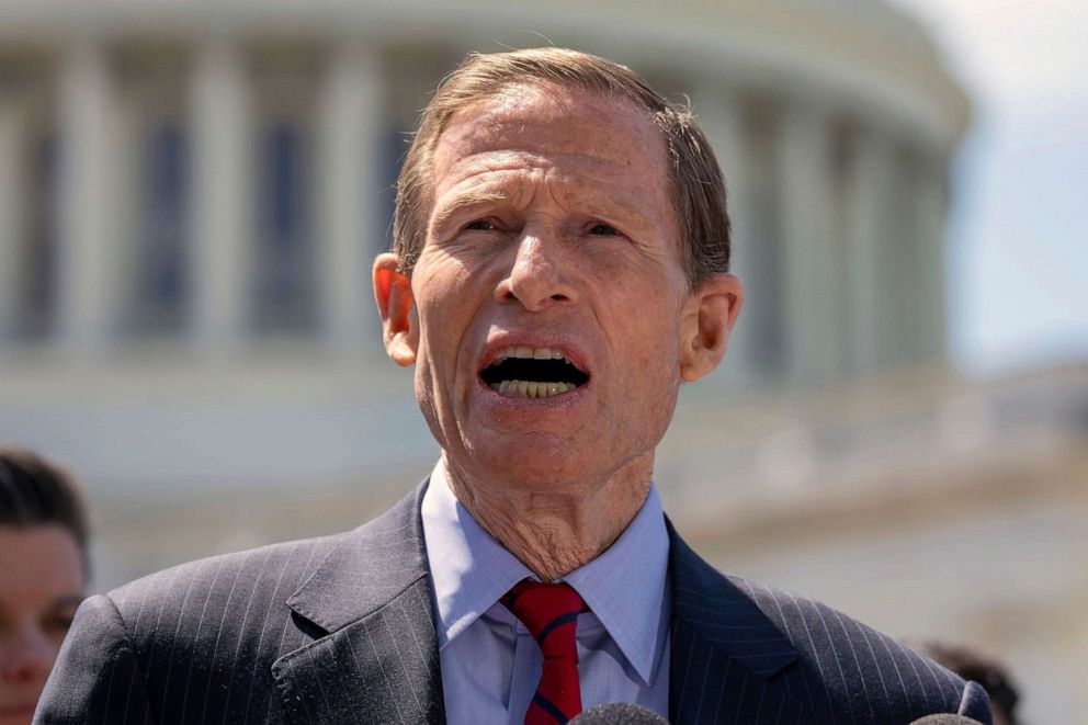 PHOTO: Sen. Richard Blumenthal speaks with reporters about reproductive rights for U.S. veterans, on Capitol Hill, April 19, 2023, in Washington.