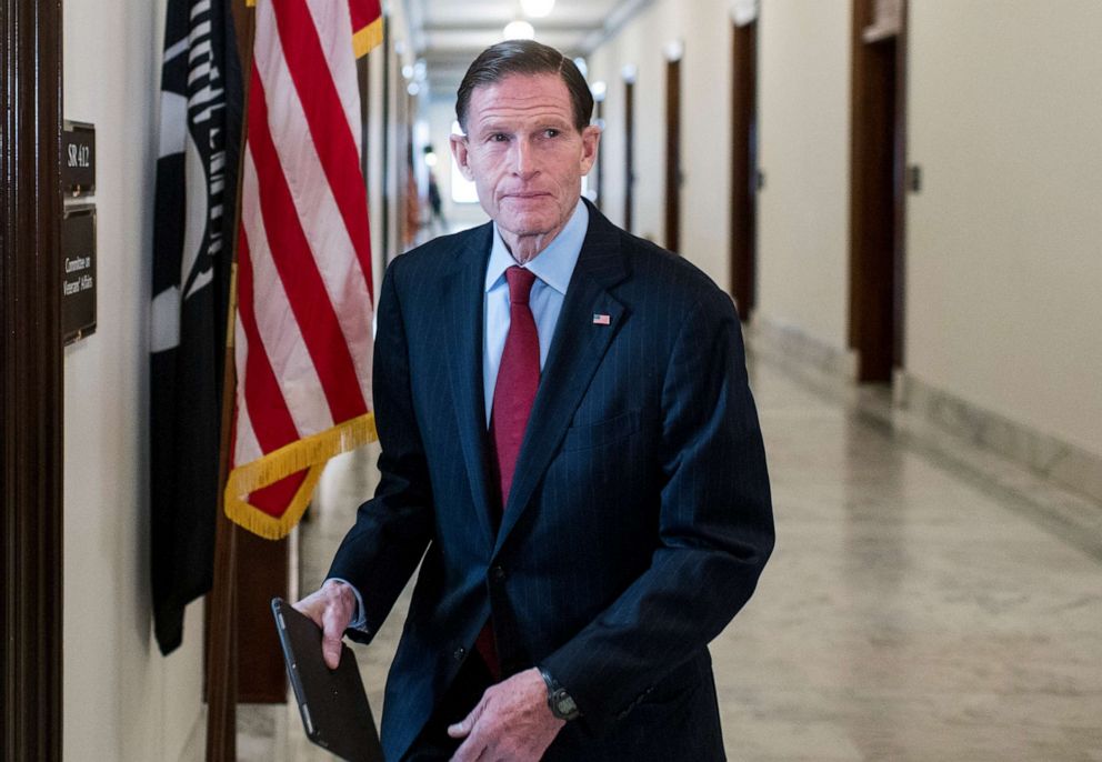 PHOTO: Sen. Richard Blumenthal arrives for a hearing in the Russell Senate Office Building on Jan. 29, 2020, in Washington, D.C.