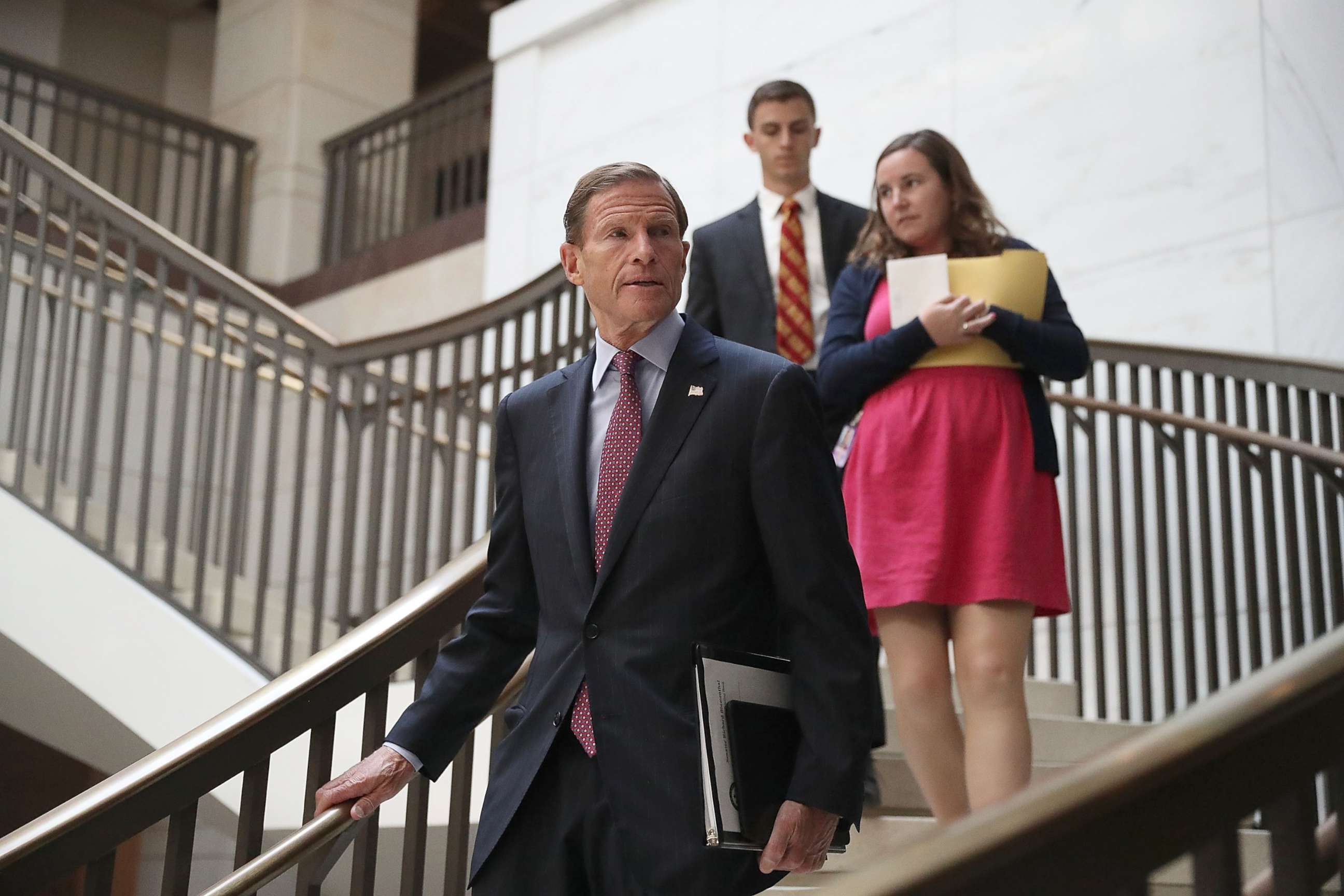PHOTO: Sen. Richard Blumenthal (D-CT) arrives for an all-senators closed briefing on ISIL in the U.S. Capitol, on July 19, 2017, in Washington.  