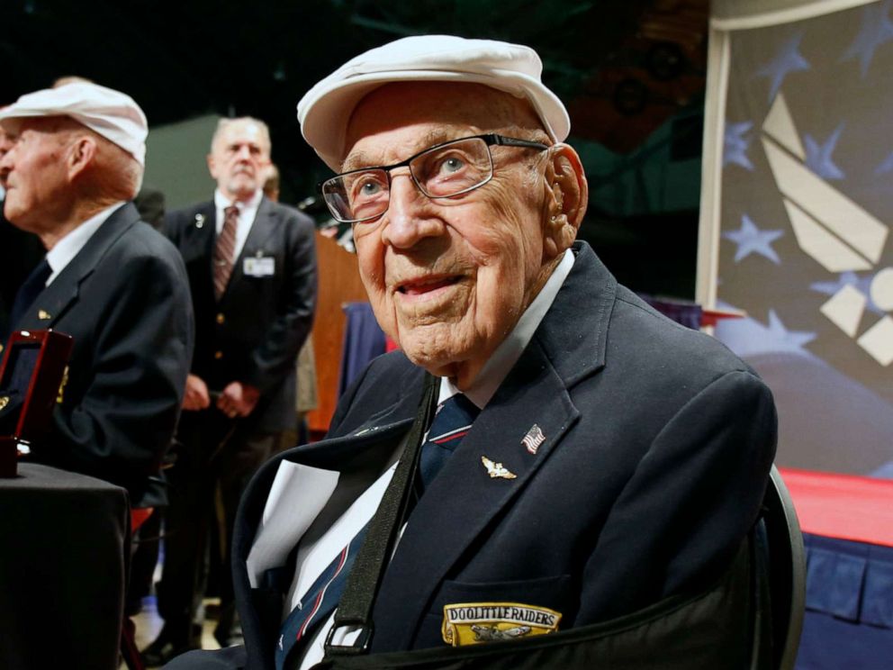 PHOTO: FILE - Retired U.S. Air Force Lt. Col. Richard Cole poses for photos after the presentation of a Congressional Gold Medal honoring the Doolittle Tokyo Raiders at Wright-Patterson Air Force Base in Dayton, Ohio, April 18, 2015.