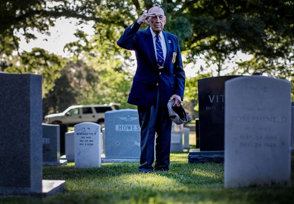 PHOTO: Lt. Col. Richard Cole, a member of the "Doolittle Raiders" who bombed Japan, visits the grave site of Lt. Col. Jimmy Doolittle, who he flew with on the bombing mission, buried at Arlington National Cemetery in Virginia, May 23, 2014.