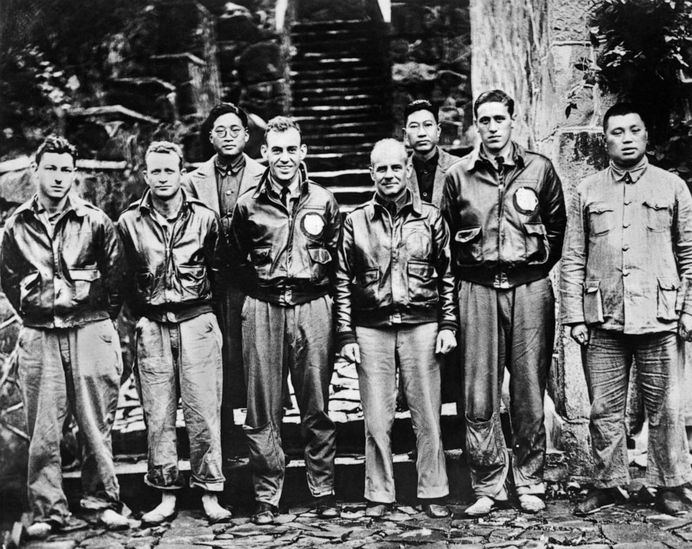 PHOTO: Major General Jimmy Doolittle and his crew pose for a photo after they led the first bombing raid on Tokyo during WWII, before crashing in China, April 22, 1943. Richard Cole is in the front row, third from the left.