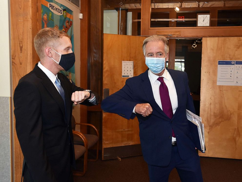 PHOTO: Rep. Richard E. Neal, right, and his challenger in the Sept. 1 Democratic primary, Holyoke Mayor Alex B. Morse, share an elbow bump greeting before their debate in the New England Public Media TV studios in Springfield, Mass., Aug. 17, 2020.