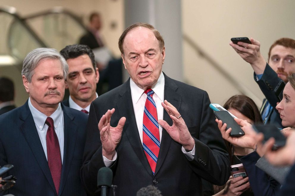 PHOTO: From left, Sen. John Hoeven, Rep. Tom Graves, and Sen. Richard Shelbyspeak with reporters on Capitol Hill in Washington, Feb. 6, 2019.