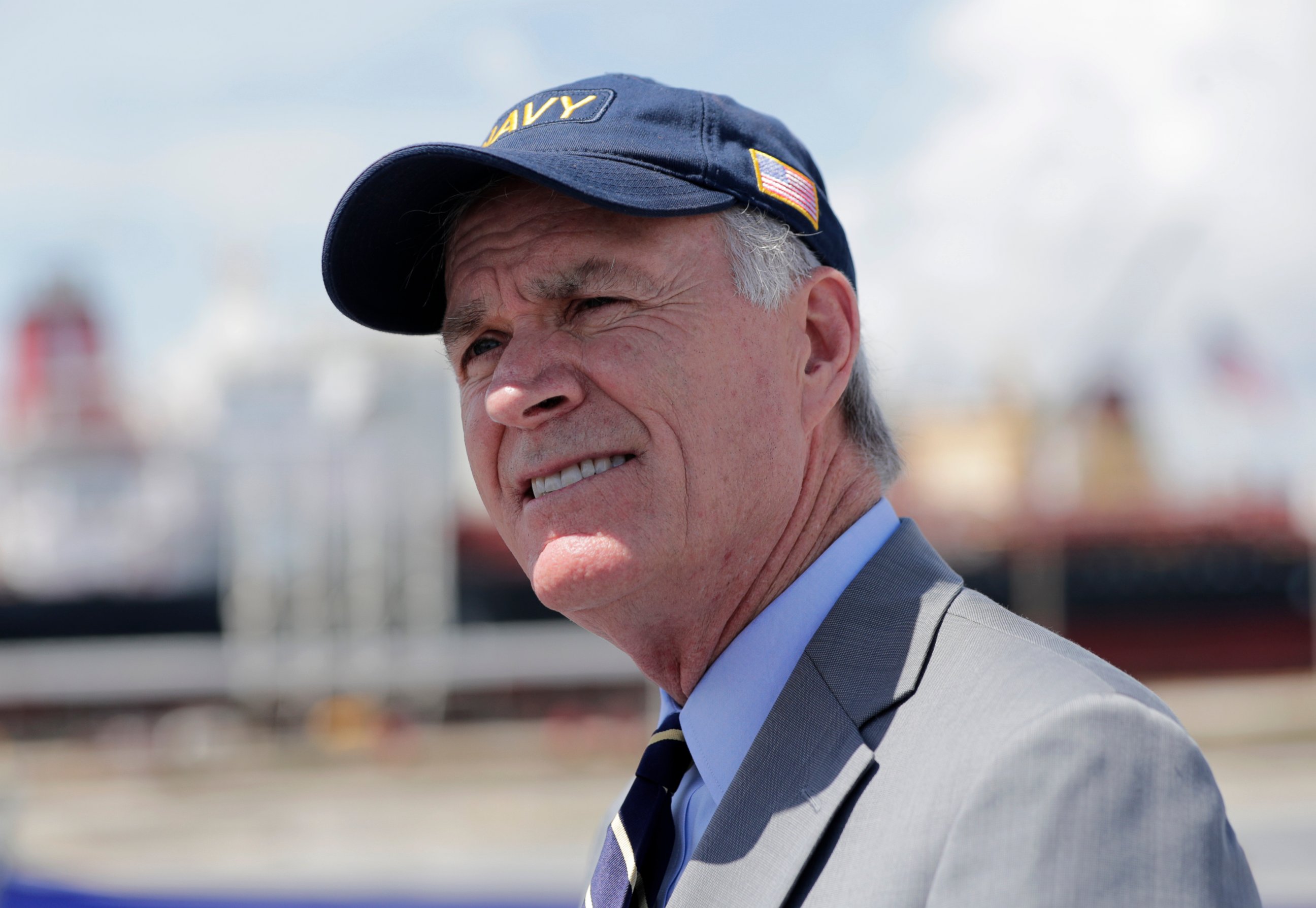 PHOTO: In this July 27, 2019, file photo, then-Secretary of the Navy Richard Spencer talks with the media following a commissioning ceremony for the U.S. Navy's guided missile destroyer, the USS Paul Ignatius, at Port Everglades in Fort Lauderdale, Fla.