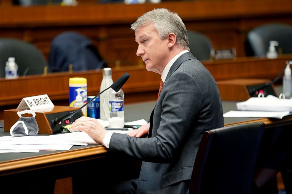 PHOTO: Dr. Richard Bright, former director of the Biomedical Advanced Research and Development Authority, testifies during a House hearing to discuss protecting scientific integrity in response to coronavirus, May 14, 2020. in Washington, D.C.