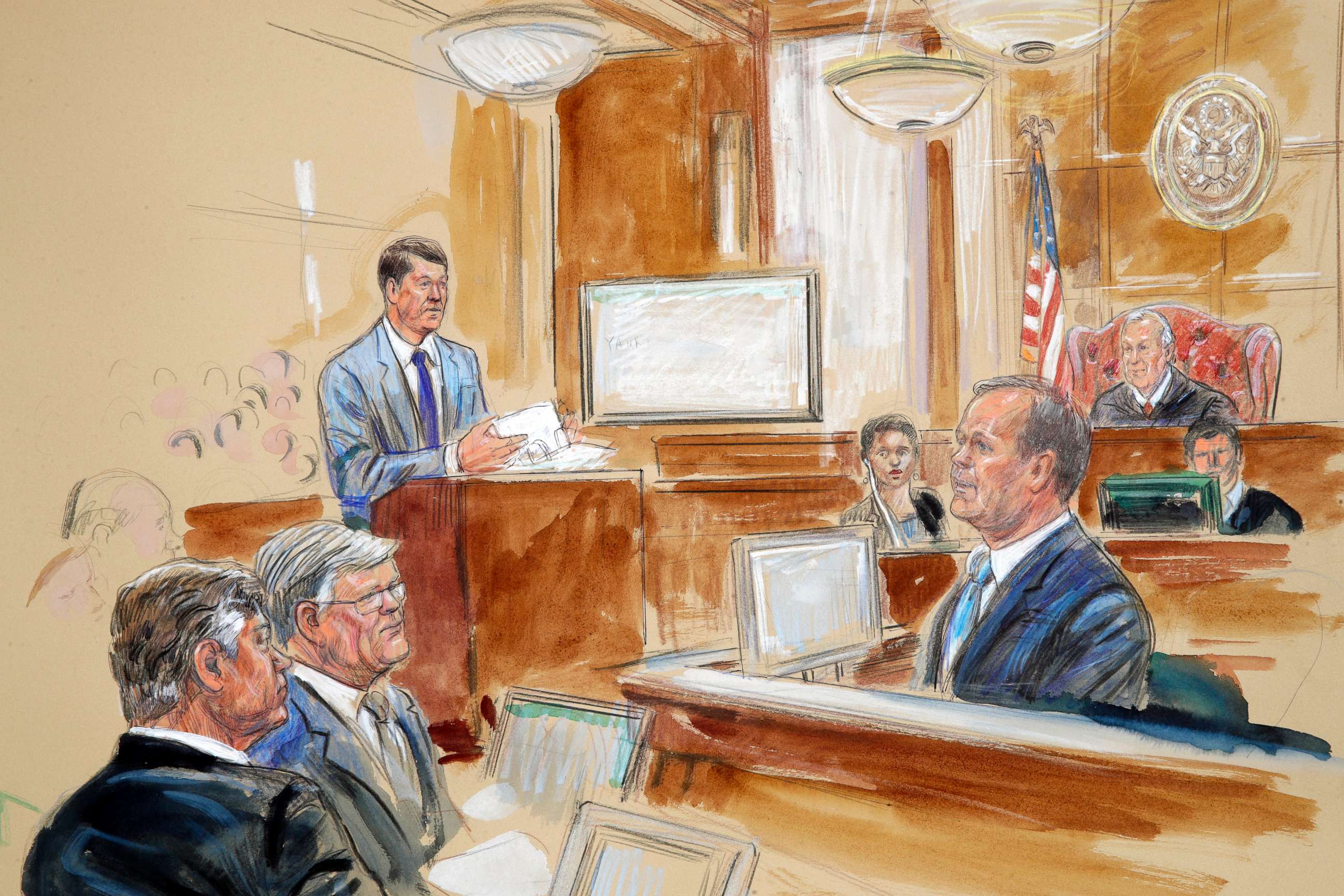 PHOTO: This courtroom sketch depicts Rick Gates, right, testifying during questioning by prosecutor Greg Andres, standing at left, as Manafort's trial continues at federal court in Alexandria, Va., Aug. 7, 2018.