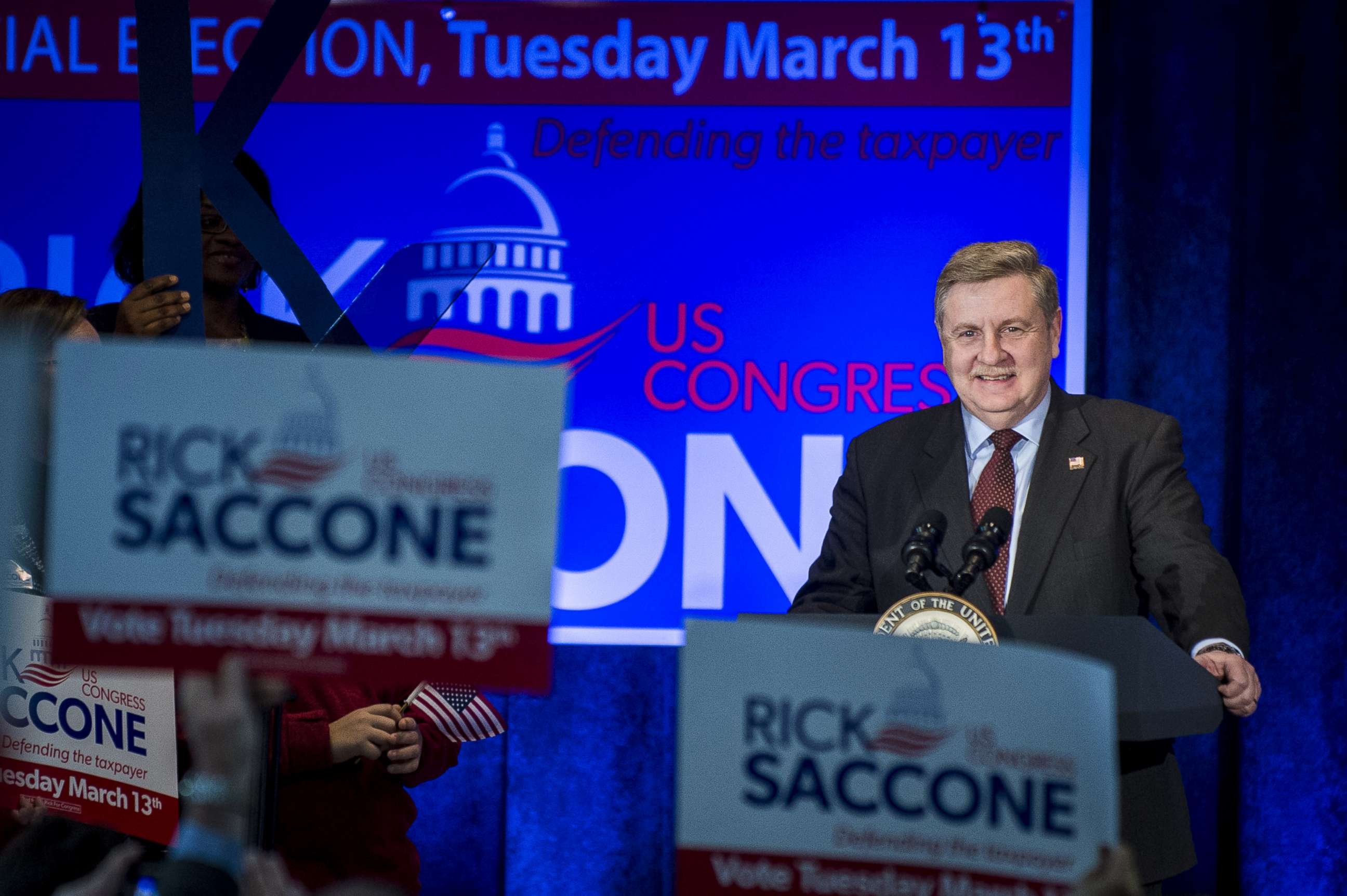 PHOTO: Republican Pennsylvania congressional candidate Rick Saccone speaks during a campaign event at the Bethel Park Community Center, Feb. 2, 2018 in Bethel Park, Pa.
