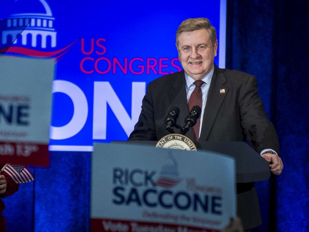 PHOTO: Republican Pennsylvania congressional candidate Rick Saccone speaks during a campaign event at the Bethel Park Community Center, Feb. 2, 2018 in Bethel Park, Pa.