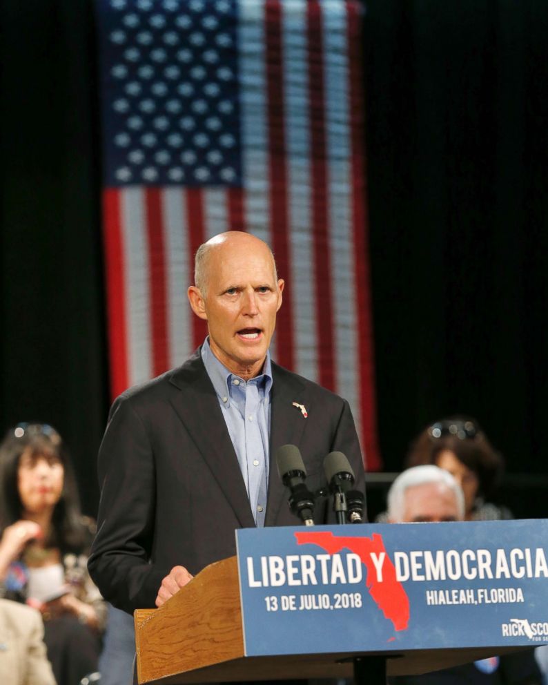 PHOTO: Florida Gov. Rick Scott, speaks to Cuban-American supporters at a campaign stop, July 13, 2018, in Hialeah, Fla.