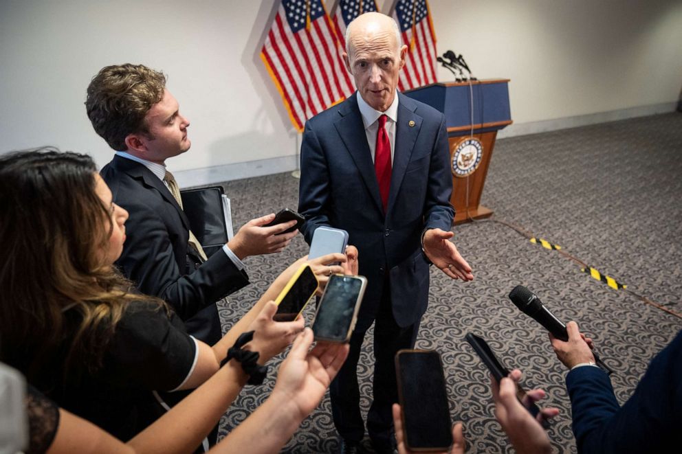 PHOTO: Sen. Rick Scott speaks to reporters following a closed-door briefing about increasing threats to law enforcement following the FBIs search at Mar-a-Lago, on Capitol Hill September 15, 2022 in Washington, DC.