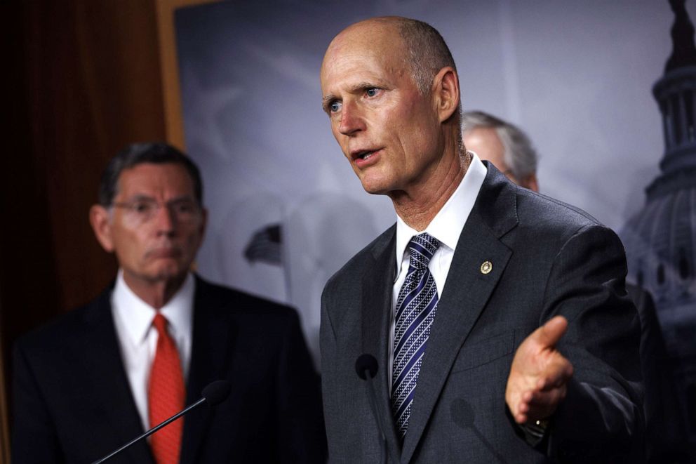 PHOTO: Senator Rick Scott, a Republican from Florida, speaks during a news conference following the weekly Republican caucus luncheon at the US Capitol in Washington, D.C., on July 12, 2022.