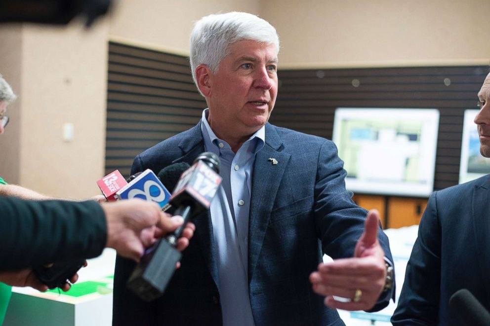 PHOTO: Gov. Rick Snyder answers questions after a press conference to announce the expansion of the Pfizer campus in Portage, Mich., July 24, 2018.