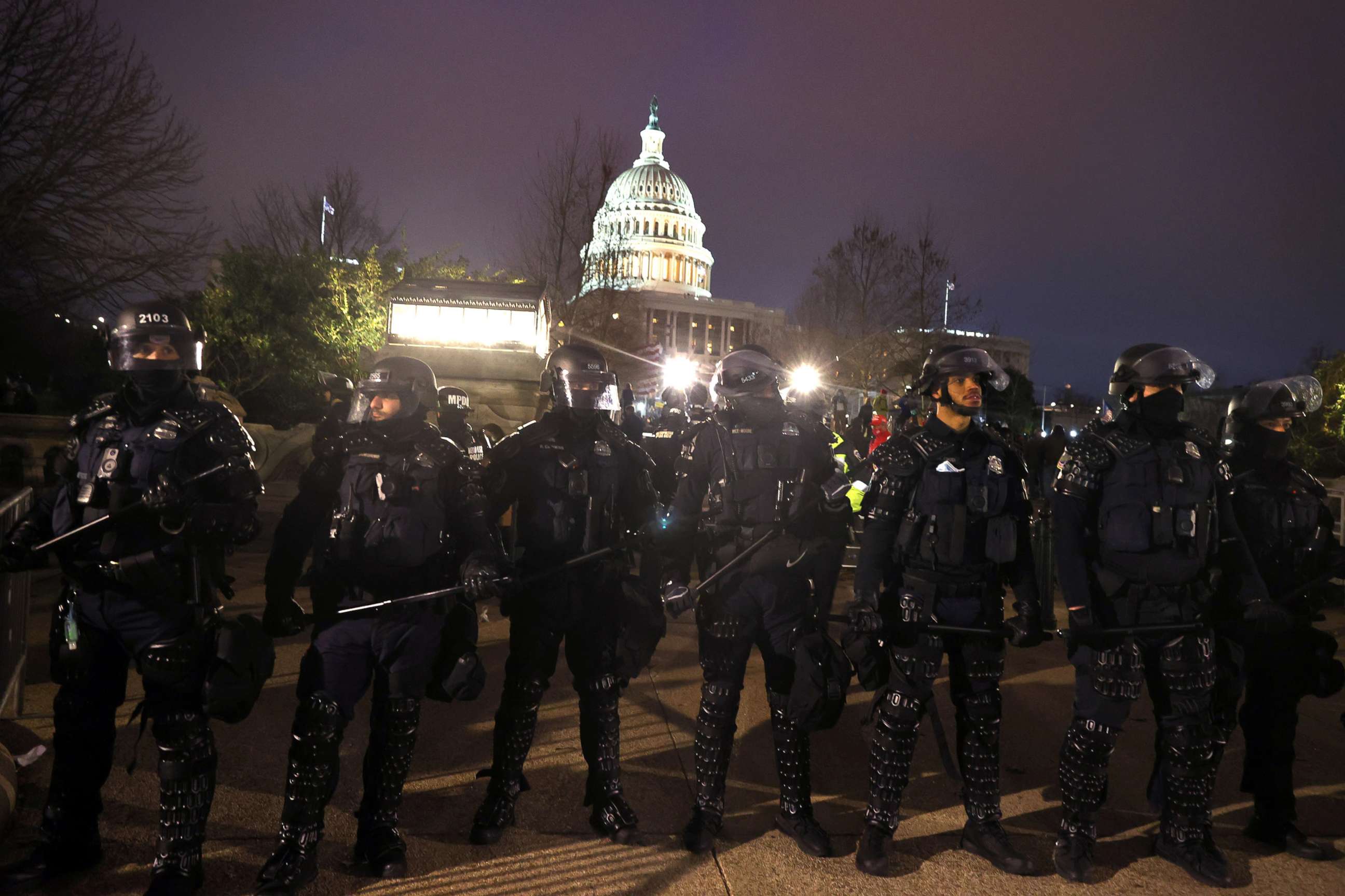 PHOTO: Police officers in riot gear line up as protesters gather on the U.S. Capitol Building, Jan. 6, 2021, in Washington, D.C.