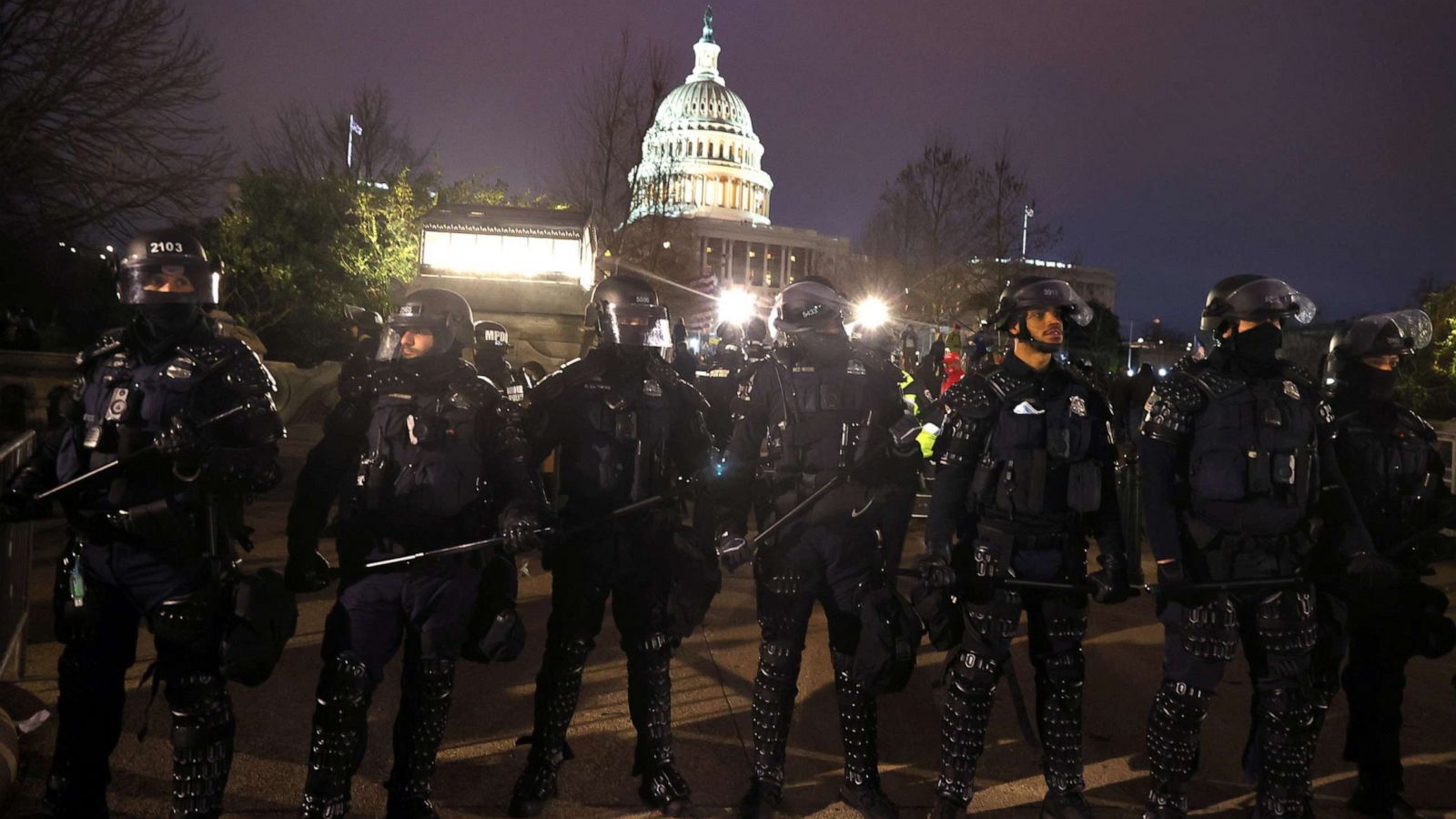 PHOTO: Police officers in riot gear line up as protesters gather on the U.S. Capitol Building, Jan. 6, 2021, in Washington, D.C.