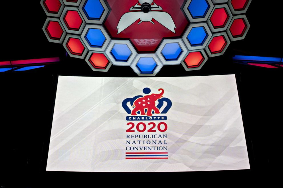 PHOTO: 2020 Republican National Convention (RNC) signage is displayed inside the Spectrum Center during a media walk-through in Charlotte, North Carolina, Nov. 12, 2019.