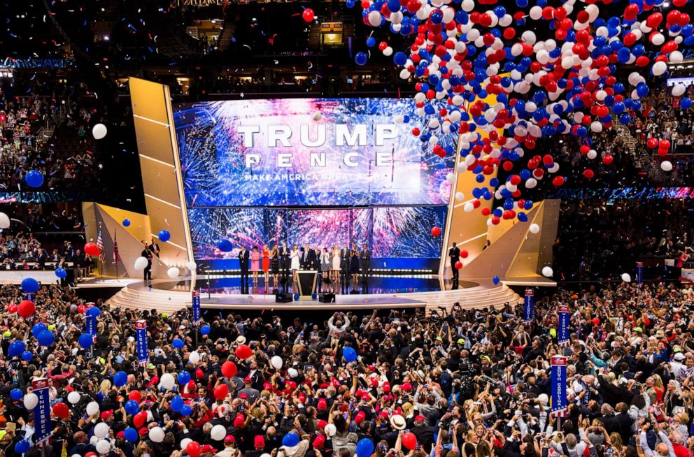 PHOTO: Republican nominee Donald Trump celebrates after the Republican Convention, July 21, 2016 at the Quicken Loans Arena in Cleveland, Ohio.