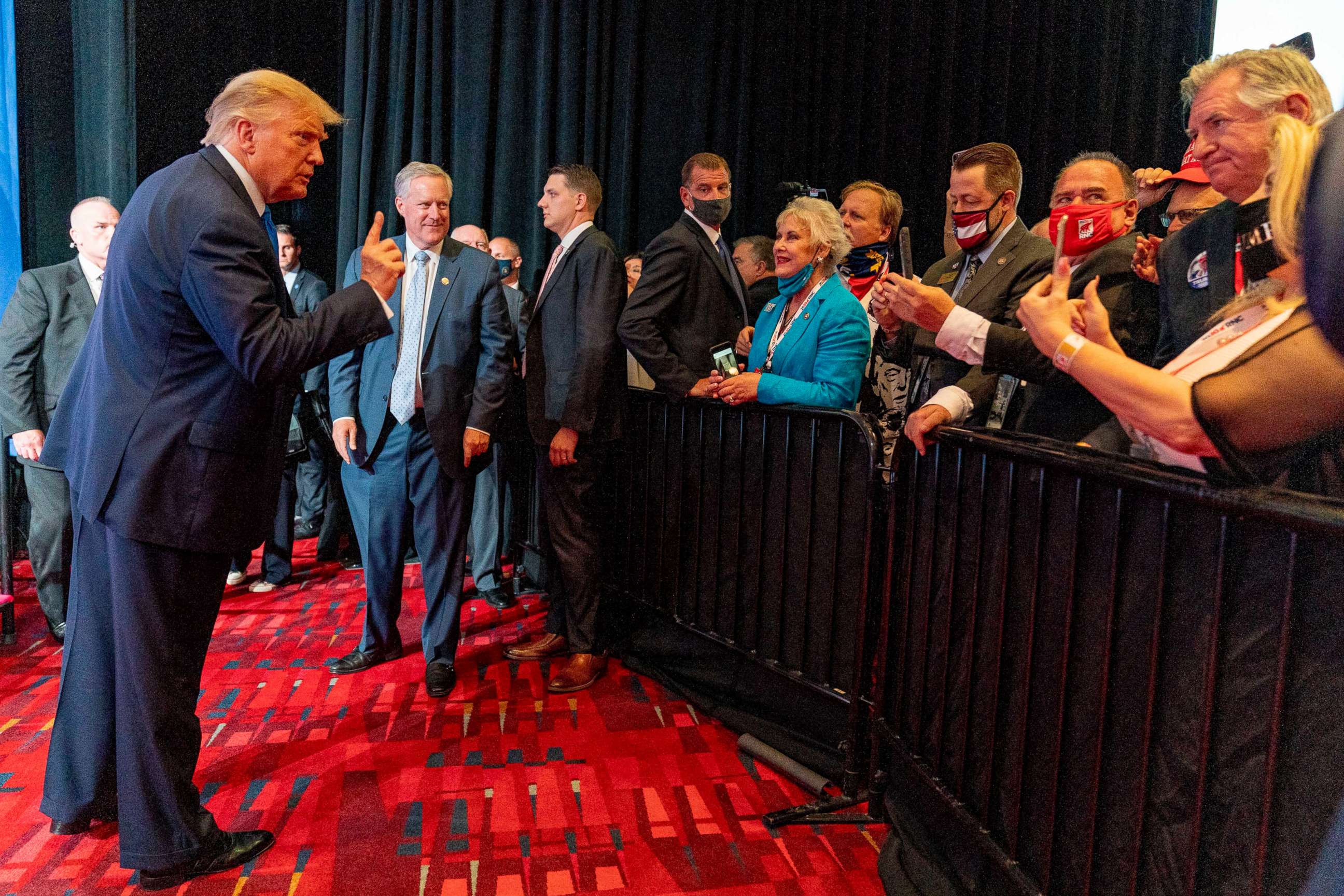 PHOTO: President Donald Trump points to member of the audience after speaking during the first day of the 2020 Republican National Convention in Charlotte, N.C., Aug. 24, 2020.