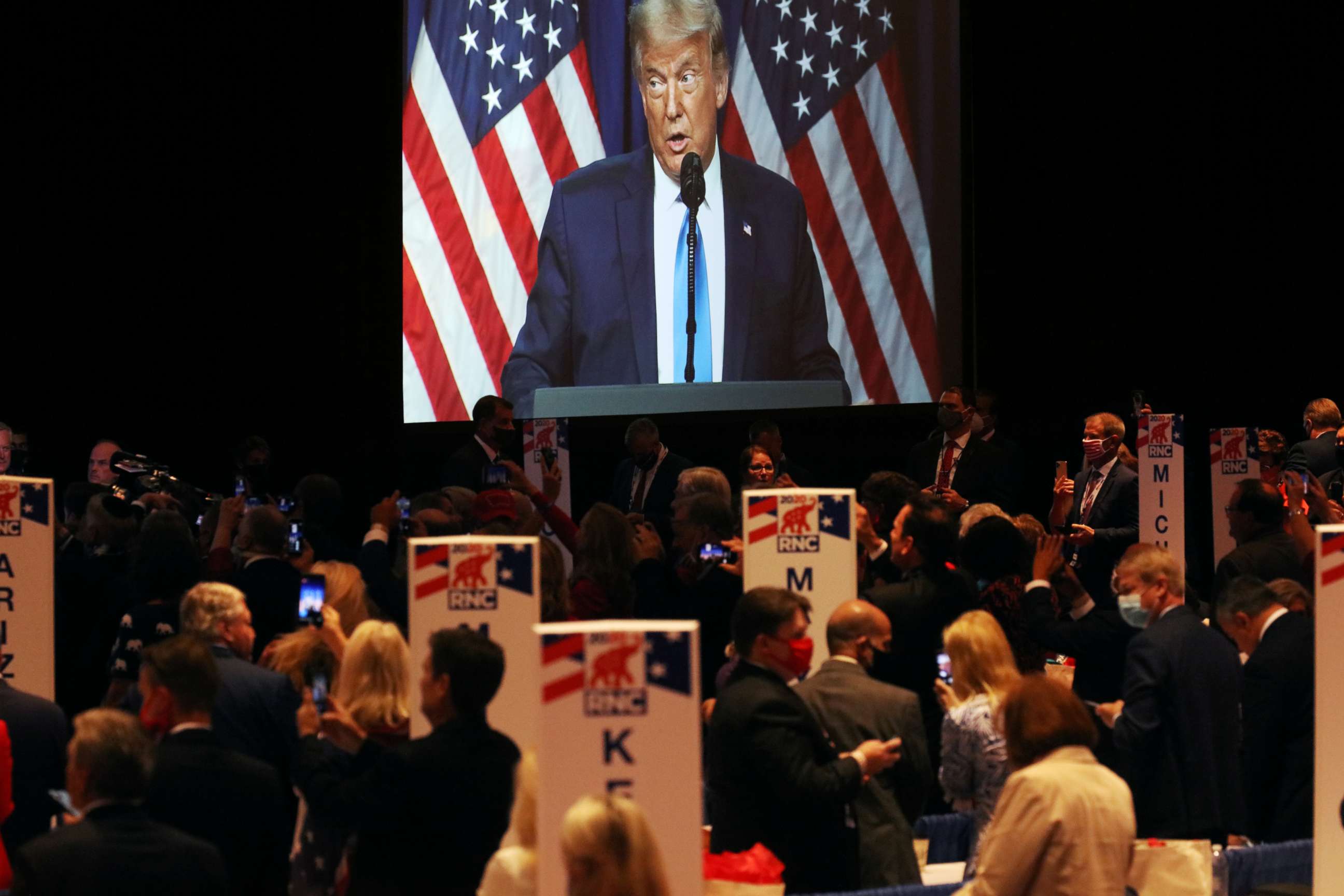 PHOTO: President Donald Trump speaks to delegates in the Charlotte Convention Center's Richardson Ballroom in Charlotte, N.C., Aug. 24, 2020.
