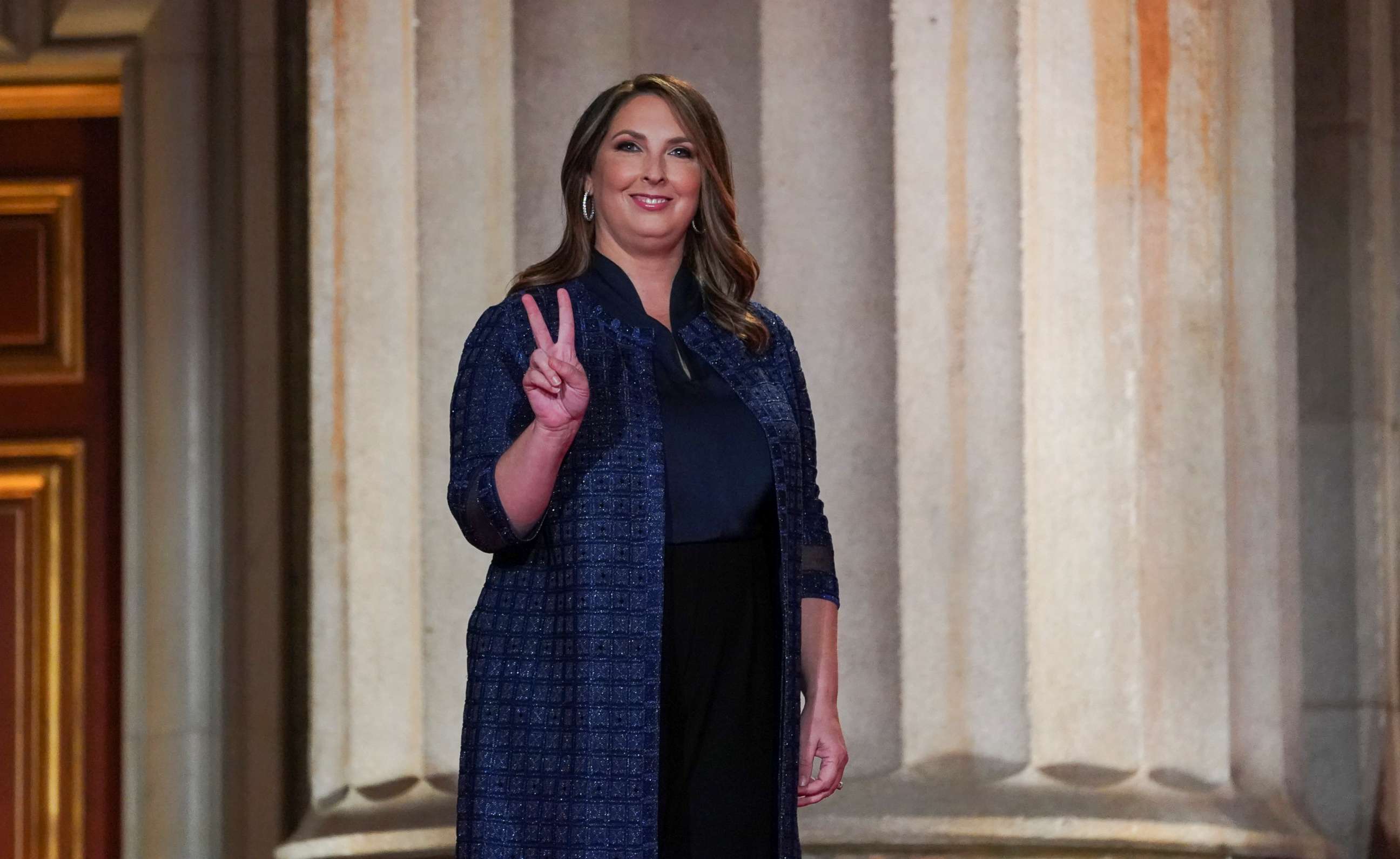 PHOTO: Republican National Committee Chairman Ronna McDaniel gestures as she arrives to speak to the largely virtual 2020 Republican National Convention in a live address from Washington, Aug. 24, 2020.