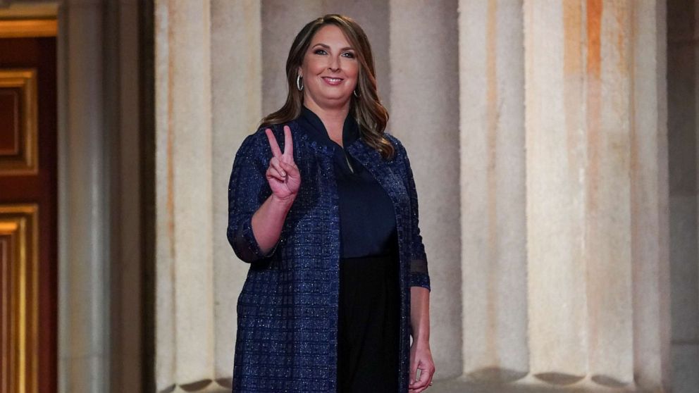 PHOTO: Republican National Committee Chairman Ronna McDaniel gestures as she arrives to speak to the largely virtual 2020 Republican National Convention in a live address from Washington, Aug. 24, 2020.